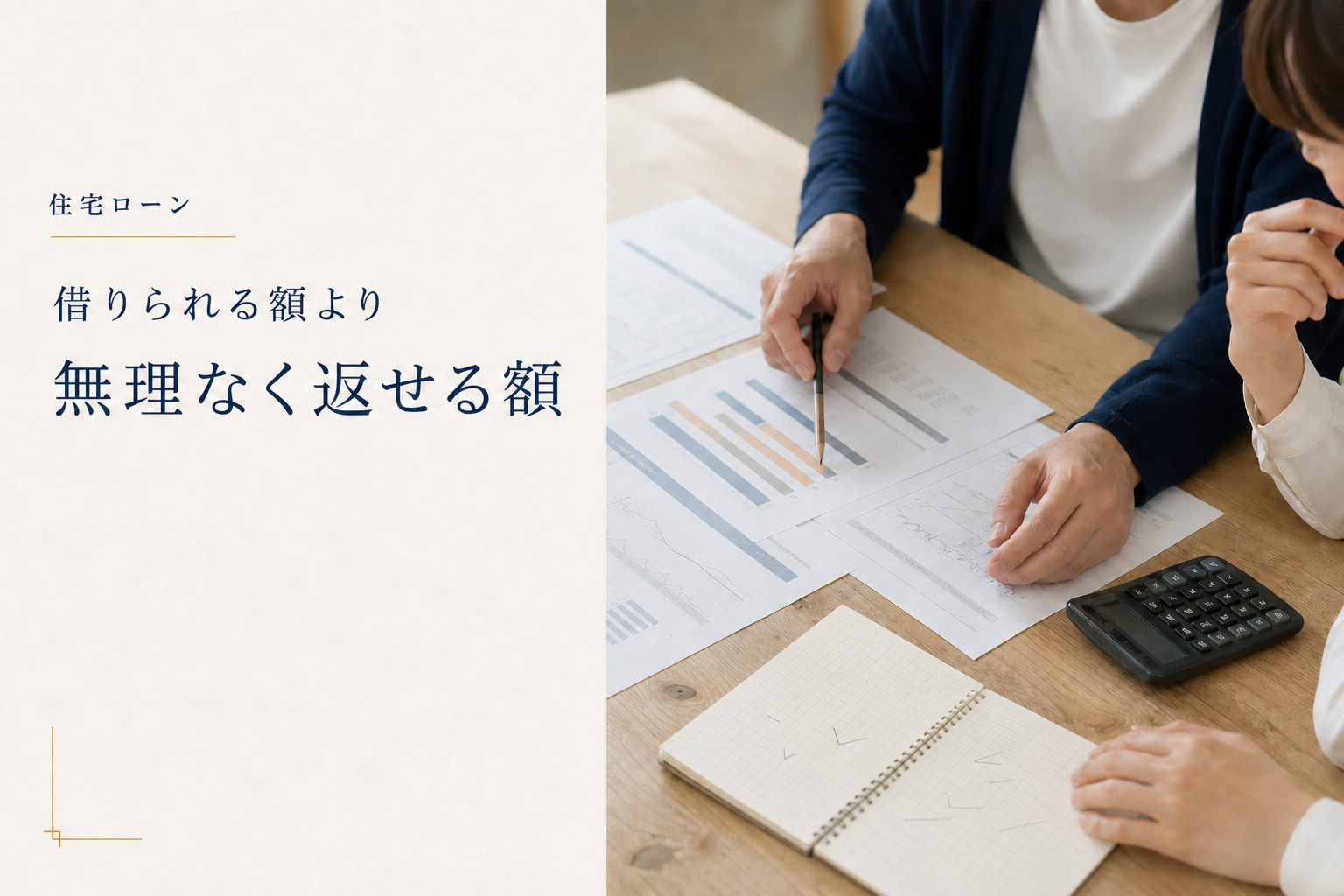 住宅ローン資料を確認する夫婦の手元と、借りられる額より無理なく返せる額という編集誌風の見出し